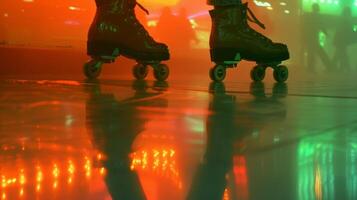 The hazy glow of neonlit walls reflecting off the shiny roller skates photo