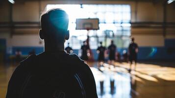 The blurry outline of a coach barking instructions to their team in preparation for a game photo