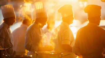 Hazy outlines of chefs and judges surrounded by the smell of delicious food photo