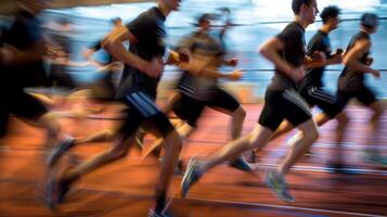 A defocused view of players pushing through exhaustion as they finish the final lap of their conditioning drills during practice photo
