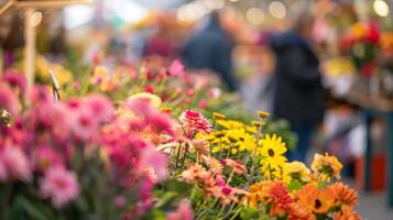 Soft focus on a sea of vibrant flowers and plants at an indoor market as shoppers browse and chat with vendors in the background photo