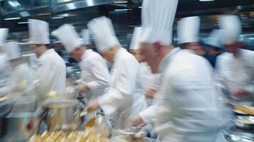 Imprecise shapes and movements of determined chefs and judges in the midst of a cooking competition photo