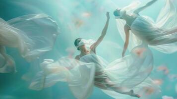 Defocused figures floating and twirling in a dreamy dance performance photo