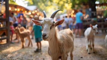 Fuzzy snapshot of e animals roaming around a crowded petting zoo with kids in the background photo
