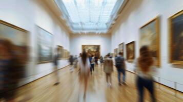 The soft blur of the paintings creates a sense of calm and serenity in the bustling gallery photo