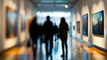 The defocused silhouettes of the art pieces create a sense of mystery and intrigue in the otherwise brightly lit gallery photo