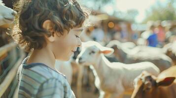 Obstructed view of kids interacting with various farm animals at a bustling petting zoo photo