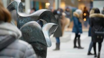 Indistinct shapes of curious onlookers mingle with the abstract shapes of the sculptures creating a lively scene photo