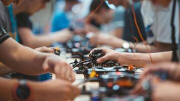 Defocused hands anxiously grip controllers as participants eagerly watch their robots in action photo