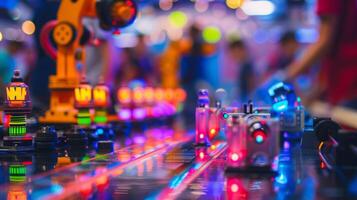 The competition floor is a blur of vibrant colors as the robots dance and dart around each other photo