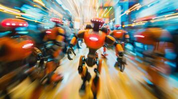 The chaotic blur of robots and humans working together in the competition represents the future of technology and teamwork photo
