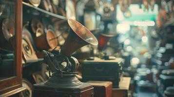 Fuzzy shapes of antique phonographs and gramophones at a distance photo