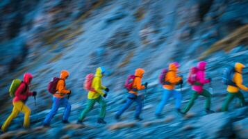 Blurry figures clad in brightly colored gear dart through a rugged landscape photo