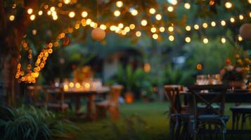 The hazy glow of string lights sets the stage for a magical outdoor garden party photo