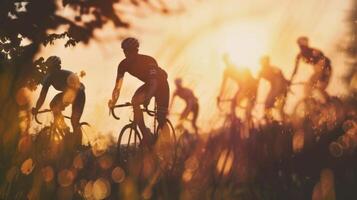 Hazy outlines of cyclists rising and falling as they tackle a virtual hill photo