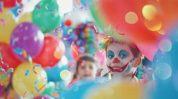 Blurred scene of children playing with a clown and face painting against a background of colorful balloons and streamers photo