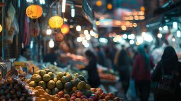 Muddled view of a bustling market offering a feast for the senses with its sights and smells photo