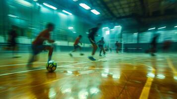 Blurry figures glide across the polished indoor field chasing after the ball photo