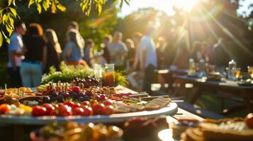 Blurred silhouettes of attendees enjoying a sunny outdoor brunch complete with savory and sweet option photo