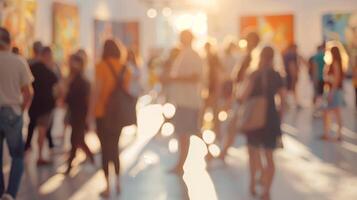Defocused scene of a busy art studio open house with a lively crowd photo