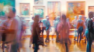 Hazy scene of visitors perusing various artwork at the open house photo