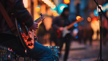 The faint outlines of musicians playing in an otherwise blurred street photo