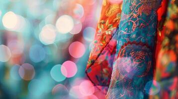 Indistinguishable patterns and prints mix and mingle in the background creating a dreamy blur of fashion photo