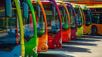 A panoramic view of a fleet of colorful buses lined up at a charging station their solar panels soaking up the rays of the sun photo