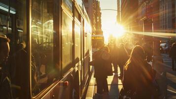 Passengers boarding a bus powered by the suns rays at a bustling city bus stop photo