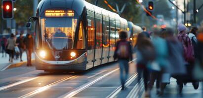A group of commuters rushing to catch a solarpowered tram grateful for the convenience and ecofriendliness of this mode of transportation photo