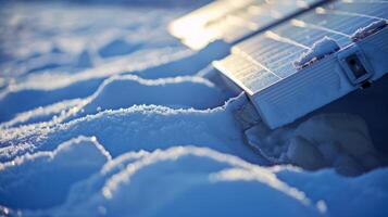 A closeup of a solar panel melting away the snow providing muchneeded energy in a cold desert environment photo