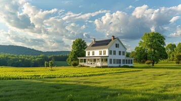 A farmhouse in the countryside utilizing solar energy to not only power the home but also the surrounding land photo