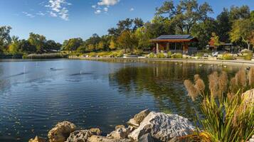 A panoramic view of a park with a sparkling lake and a solar powered public restroom in the background incorporating natural elements with modern technology photo