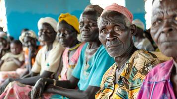 In the waiting room patients from various backgrounds and cultures sit together brought together by the shared access to quality healthcare provided by the solarpowered clinic photo