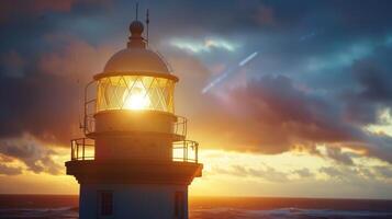 A strong gust of wind blows through the solar powered lighthouse causing its light to shine brighter and its panels to spin faster photo