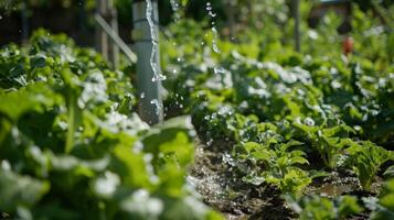 Through the greenery of a vegetable patch a solarpowered water pump can be seen supplying irrigation for the crops photo