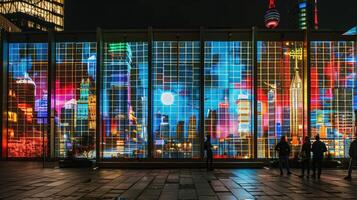 A mural of a cityscape using solar panels to make the windows of buildings light up at night photo