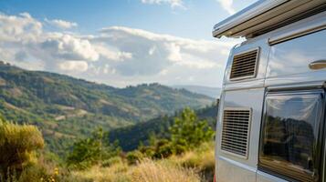 An RV or camper equipped with a solarpowered air conditioning unit perfect for offgrid adventures photo