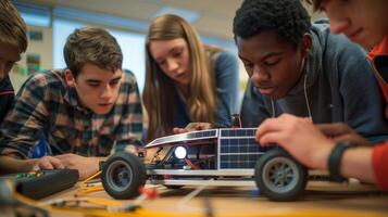 A group of students work together to build a small solarpowered car learning about renewable energy and engineering principles in the process photo