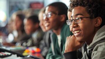 An excited high school class listens intently as their teacher explains how a solarpowered graphing calculator can be used to plot and analyze complex data photo