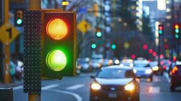 A street intersection with a solarpowered traffic signal featuring both green and red lights to control the flow of cars photo