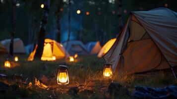 A campsite at night with tents lit up by solarpowered lanterns and campfires providing a cozy and ecofriendly atmosphere photo