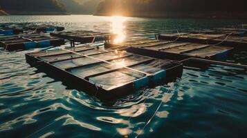 Sun rays beam down onto a series of floating fish farms each equipped with solarpowered filters and pumps photo