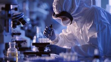 A robot in a lab coat using solarpowered tools to perform delicate scientific experiments in a cleanroom photo