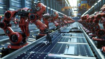 An assembly line of solarpowered robots quickly piecing together parts to create a finished product photo