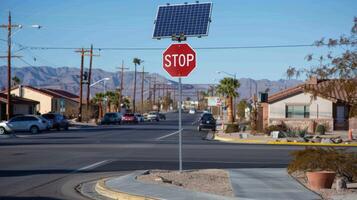 A large STOP sign at a busy intersection powered by a solar panel on top photo