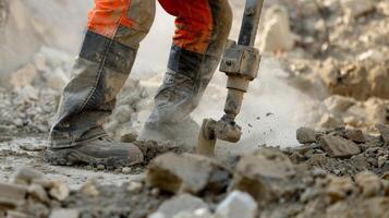 A construction worker using a solarpowered jackhammer to break through concrete reducing noise and emissions on the site photo