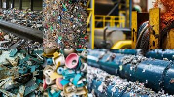 A collage of different recycling processes taking place at a solar powered center such as shredding melting and transforming materials photo