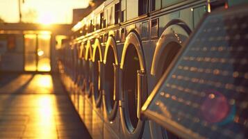 The sun shines down on a bustling laundromat its solar panels effectively powering the many washing and drying machines inside photo