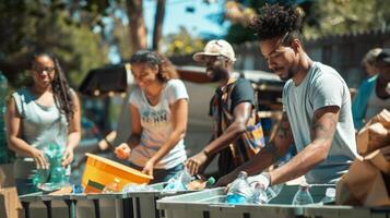A diverse group of people dropping off their recyclables at a solar powered center promoting sustainable living photo